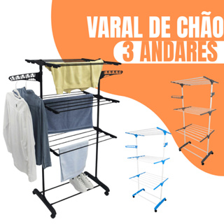Varal De Chão De Roupas 3 Andares Dobrável Grande 4 Rodas