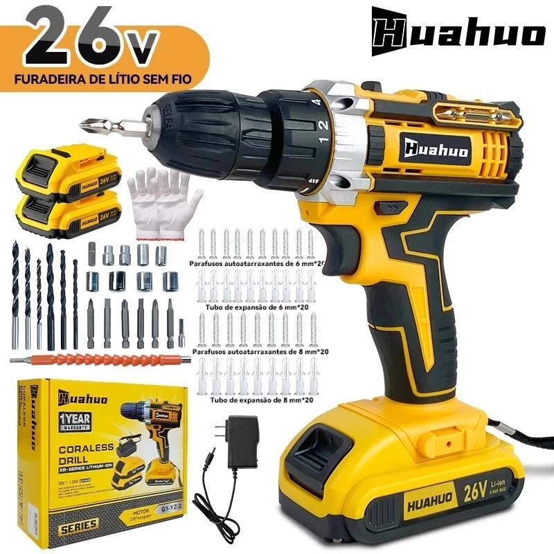 26V Parafusadeira Furadeira Sem Fio Com Completo Acessórios Caixa de Papelão Bivolt.